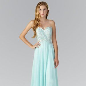 NEW LONG SLEEVELESS A-LINE STRAPLESS DRESS EMBROIDERED WITH RHINESTONES GL2049